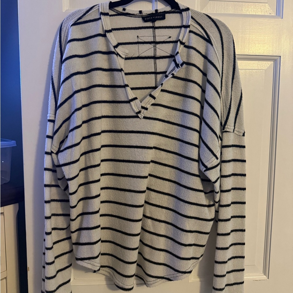 Love Tree Black and White Striped V-Neck Hoodie